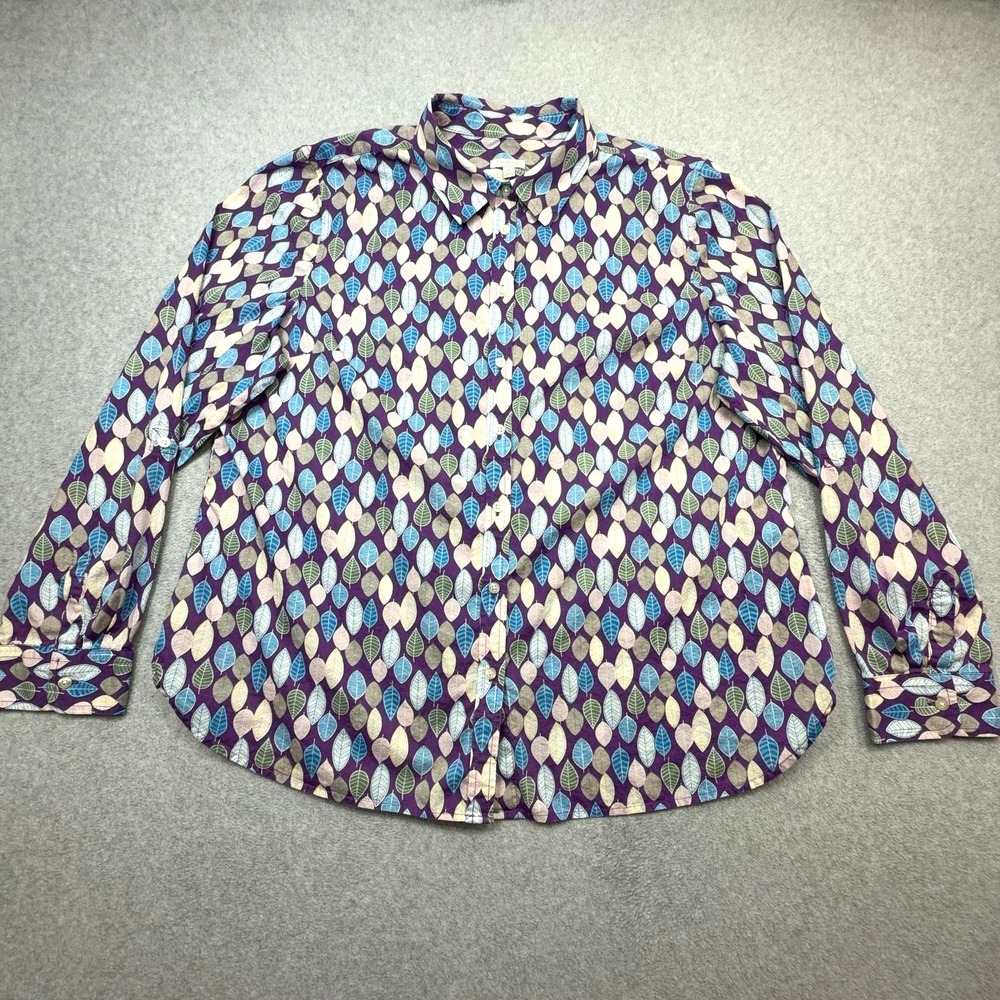 Talbots Shirt Women XL Purple Leaf Print Long Sleeve Button Front Lightweight